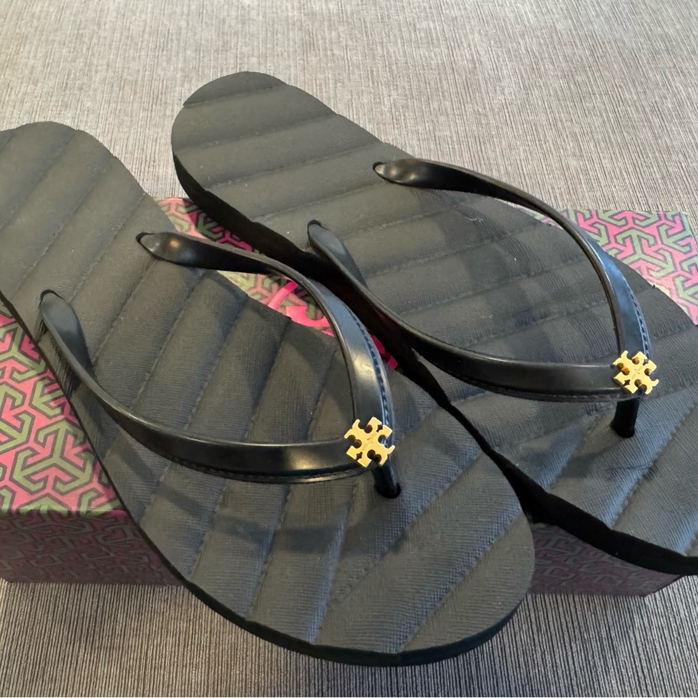 Tory Burch Black Flip Flops with Gold Logo
